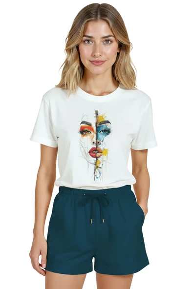 Kadın Beyaz Relaxed Fit %100 Pamuk Tişört – Bölünmüş Renkli Portre Baskılı ürün görseli 1