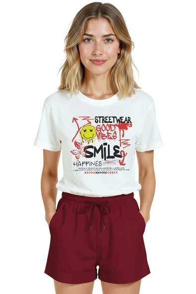 Kadın Beyaz Relaxed Fit %100 Pamuk Tişört – Grafiti Smile & Good Vibes Baskılı - Resim 6