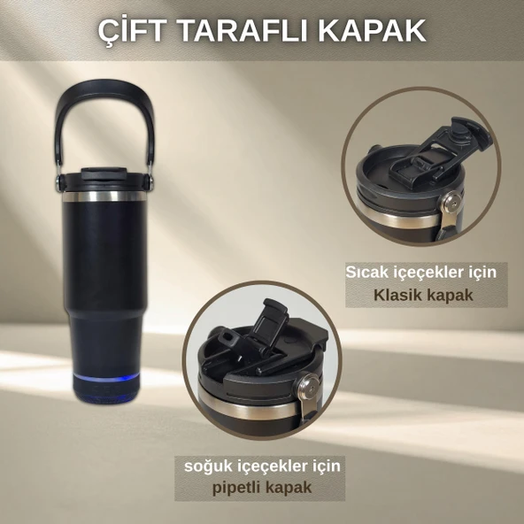 Bluetooth Hoparlörlü Paslanmaz Çelik Termos Bardak 600 ml -Pipetli ,Çift Kullanımlı Kapak - Resim 2