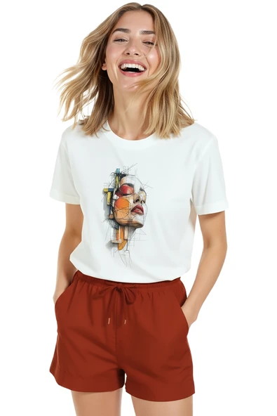 Kadın Beyaz Relaxed Fit %100 Pamuk Tişört – Soyut Çizgisel Portre & Renkli Geometri Baskılı - Resim 6