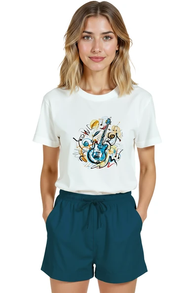 Kadın Beyaz Relaxed Fit %100 Pamuk Tişört – Soyut Gitar & Suluboya Müzik Baskılı - Resim 7