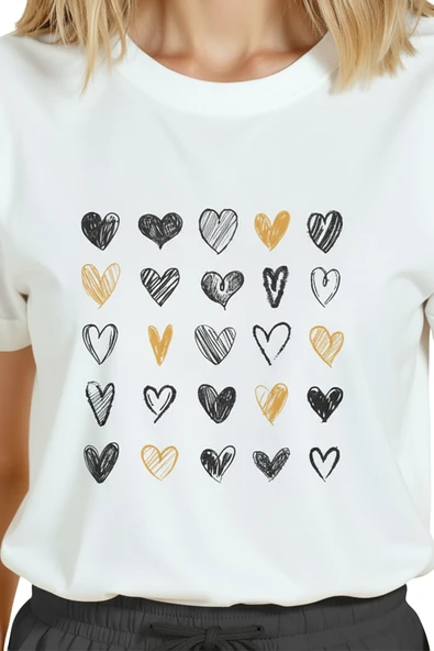 Kadın Beyaz Relaxed Fit %100 Pamuk Tişört – Karakalem & Altın Kalpler Düzeni Baskılı - Resim 6