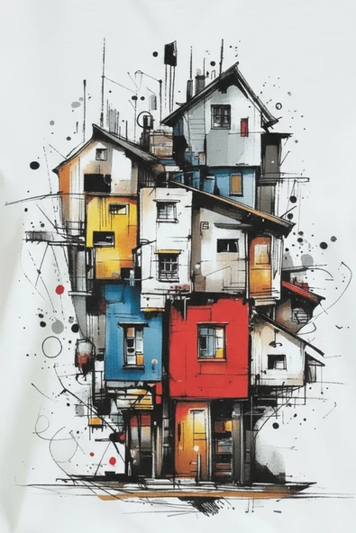 Kadın Beyaz Relaxed Fit %100 Pamuk Tişört – Suluboya & Mürekkep Renkli Evler Baskılı - Resim 7