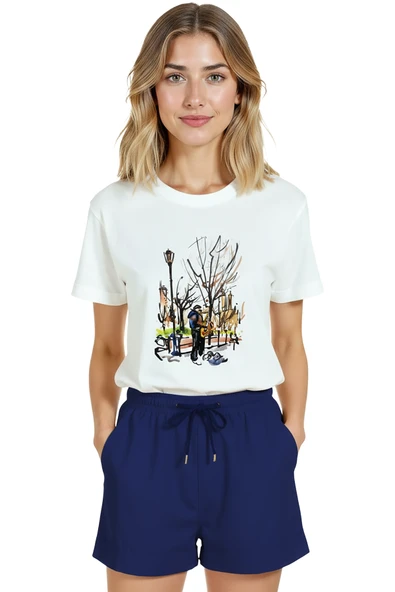 Kadın Beyaz Relaxed Fit %100 Pamuk Tişört – Park Sahnesi & Sokak Müzisyeni Baskılı - Resim 7