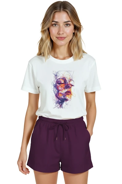 Kadın Beyaz Relaxed Fit %100 Pamuk Tişört – Renkli Doodle Portre Baskılı ürün görseli 1