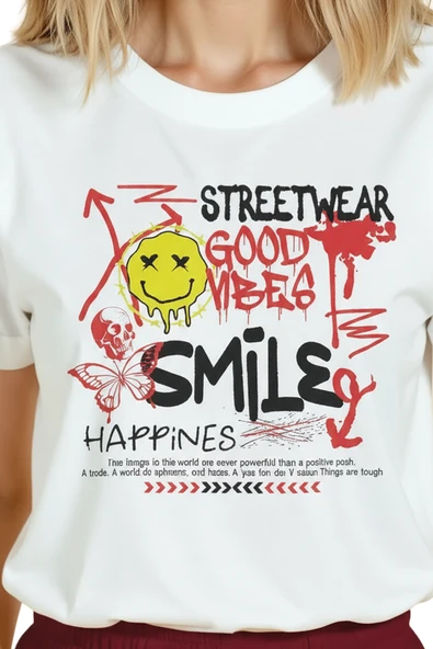 Kadın Beyaz Relaxed Fit %100 Pamuk Tişört – Grafiti Smile & Good Vibes Baskılı - Resim 8