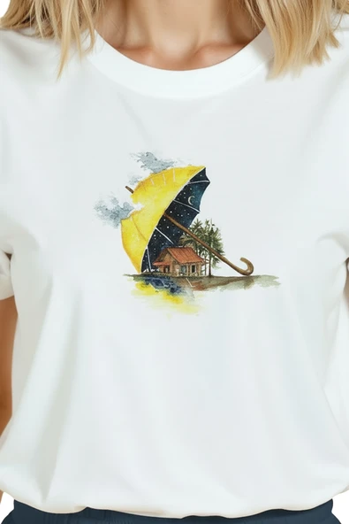 Kadın Beyaz Relaxed Fit %100 Pamuk Tişört – Şemsiye Ev Suluboya Baskılı - Resim 7