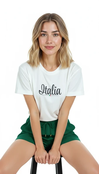 Kadın Beyaz Relaxed Fit %100 Pamuk Tişört – ITALIA Script & Mini Bayrak Baskılı - Resim 6