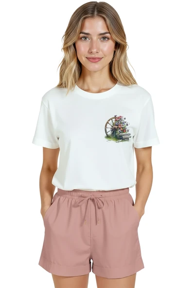 Kadın Beyaz Relaxed Fit %100 Pamuk Tişört – Çiçekli Teker Suluboya Minyatür Baskılı ürün görseli 1