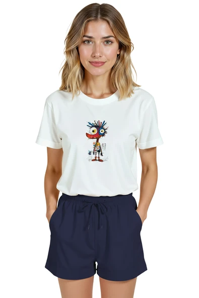 Kadın Beyaz Relaxed Fit %100 Pamuk Tişört – Renkli Soyut Karakter & Çizgisel Baskılı ürün görseli 1