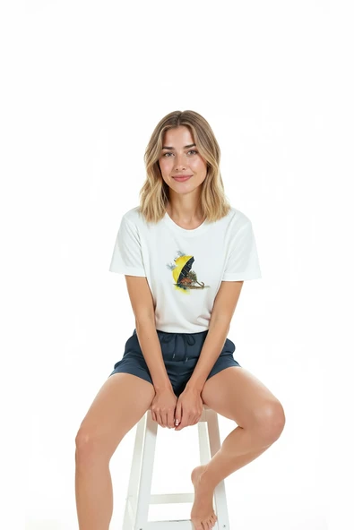 Kadın Beyaz Relaxed Fit %100 Pamuk Tişört – Şemsiye Ev Suluboya Baskılı - Resim 5