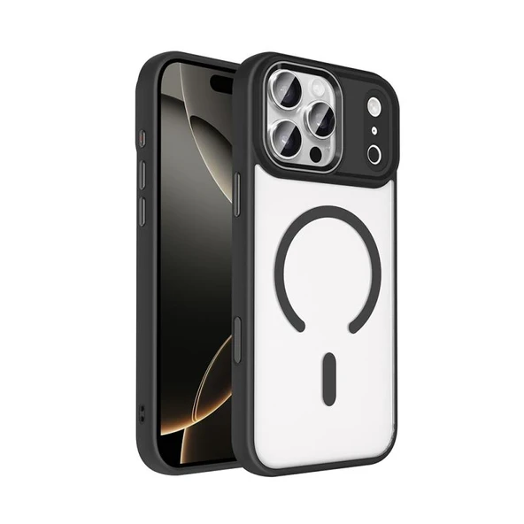 Zore Apple iPhone 17 Pro Max ile Uyumlu Kılıf Wireless Şarj Özellikli Krom M-safe Silikon Kapak Siyah ürün görseli