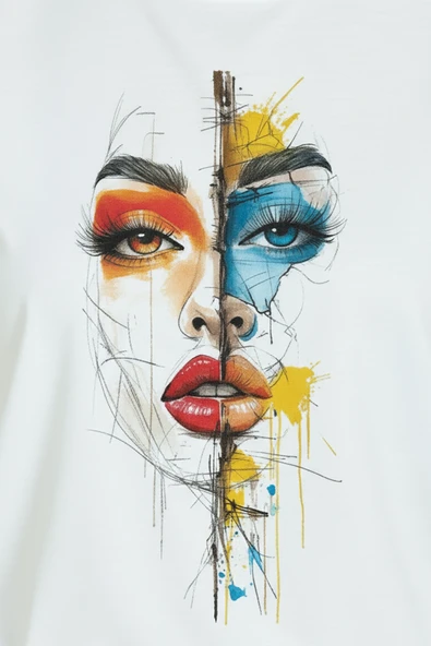 Kadın Beyaz Relaxed Fit %100 Pamuk Tişört – Bölünmüş Renkli Portre Baskılı - Resim 7
