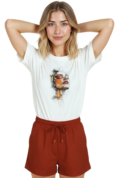 Kadın Beyaz Relaxed Fit %100 Pamuk Tişört – Soyut Çizgisel Portre & Renkli Geometri Baskılı - Resim 5
