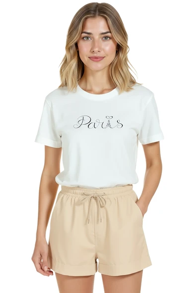 Kadın Beyaz Relaxed Fit %100 Pamuk Tişört – El Yazısı “Paris” & Eyfel İllüstrasyonlu - Resim 7