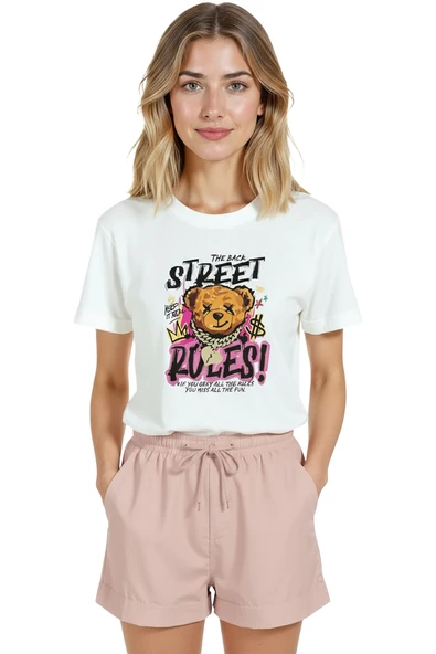 Kadın Beyaz Relaxed Fit %100 Pamuk Tişört – Street Teddy Graffiti Baskılı - Resim 7
