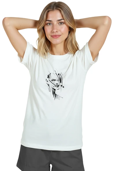 Kadın Beyaz Relaxed Fit %100 Pamuk Tişört – Çizgisel Mürekkep Yüz İllüstrasyonlu - Resim 3