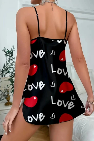 Love Desenli Siyah Saten Gecelik - Resim 5