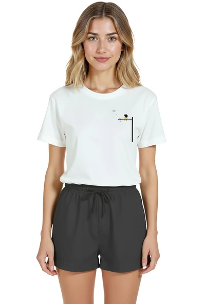 Kadın Beyaz Relaxed Fit %100 Pamuk Tişört – Minimal Sokak Lambası Baskılı ürün görseli 1