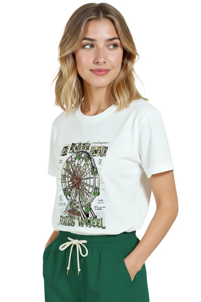 Kadın Beyaz Relaxed Fit %100 Pamuk Tişört – Suluboya Dönme Dolap Baskılı - Resim 3