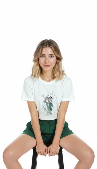 Kadın Beyaz Relaxed Fit %100 Pamuk Tişört – Çizgisel Portre & Yeşil Suluboya Vurgu Baskılı - Resim 6