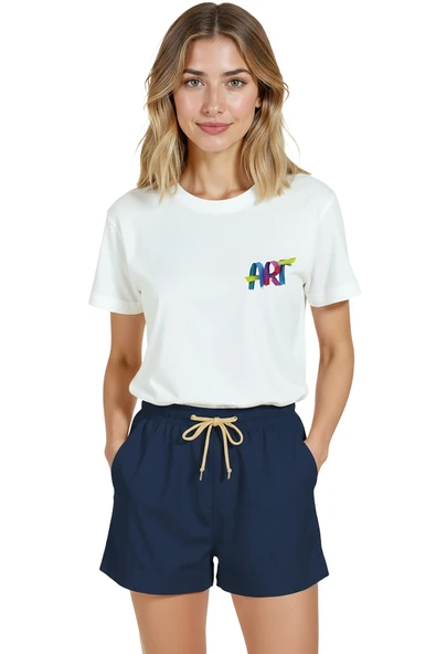 Kadın Beyaz Relaxed Fit %100 Pamuk Tişört – Renkli “ART” Suluboya Baskılı - Resim 7