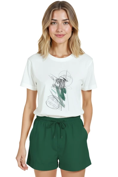 Kadın Beyaz Relaxed Fit %100 Pamuk Tişört – Çizgisel Portre & Yeşil Suluboya Vurgu Baskılı ürün görseli 1