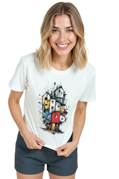 Kadın Beyaz Relaxed Fit %100 Pamuk Tişört – Suluboya & Mürekkep Renkli Evler Baskılı - Resim 3