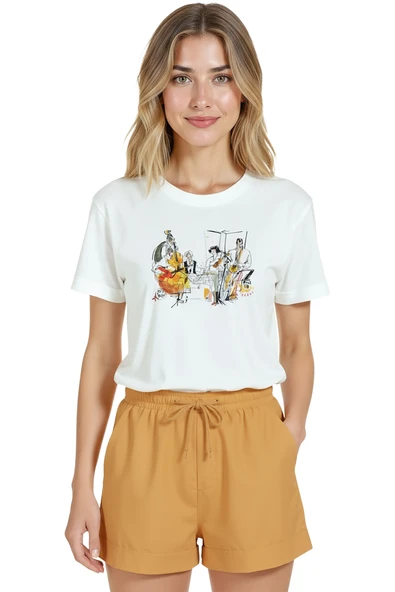 Kadın Beyaz Relaxed Fit %100 Pamuk Tişört – Caz Grubu Baskılı ürün görseli 1