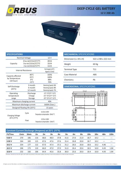 ORBUS 12 VOLT 200 AMPER JEL AKÜ DERİN DÖNGÜ - 12V 200AH DEEP CYCLE - Resim 2