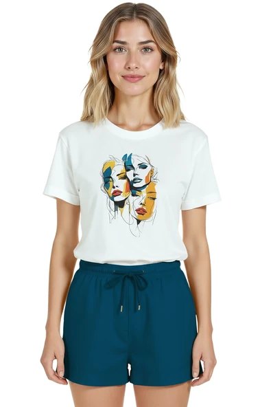 Kadın Beyaz Relaxed Fit %100 Pamuk Tişört – Soyut Çok Renkli Yüzler Baskılı - Resim 7