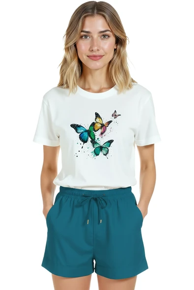 Kadın Beyaz Relaxed Fit %100 Pamuk Tişört – Renkli Kelebek Suluboya Baskılı ürün görseli 1