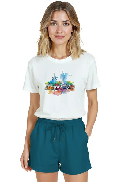 Kadın Beyaz Relaxed Fit %100 Pamuk Tişört – Suluboya Marina & Yelkenli Liman Baskılı ürün görseli 1