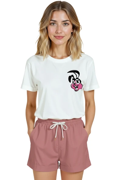 Kadın Beyaz Relaxed Fit %100 Pamuk Tişört – Graffiti Tavşan Minyatür Baskılı - Resim 6