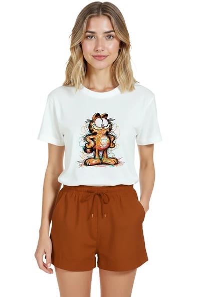 Kadın Beyaz Relaxed Fit %100 Pamuk Tişört – Çizgisel Karalama Kedi İllüstrasyonlu ürün görseli 1