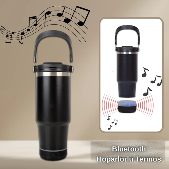 Bluetooth Hoparlörlü Paslanmaz Çelik Termos Bardak 600 ml -Pipetli ,Çift Kullanımlı Kapak ürün görseli