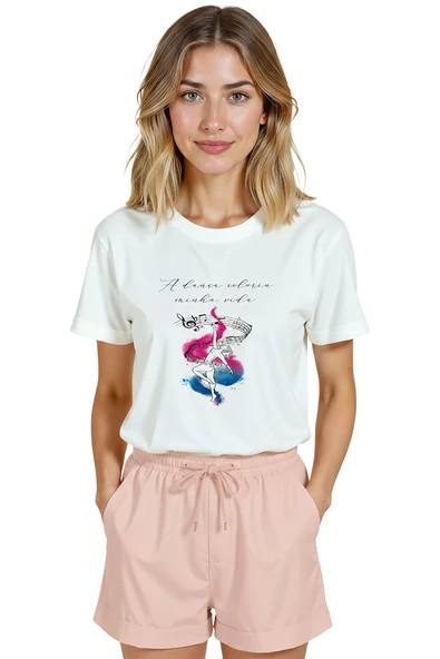 Kadın Beyaz Relaxed Fit %100 Pamuk Tişört – Suluboya Dansçı & Müzik İllüstrasyonlu ürün görseli 1