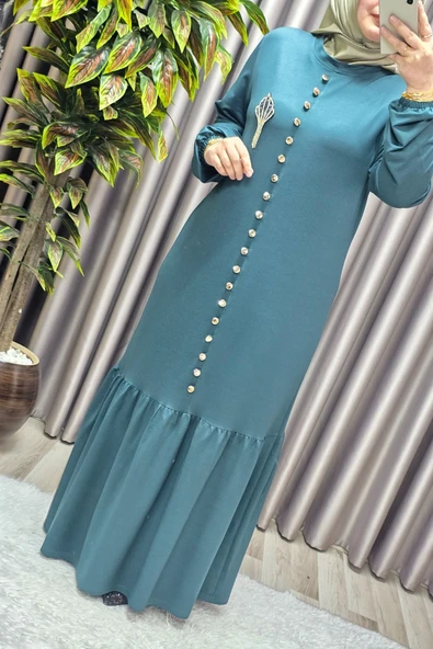 Kadın Giyim Büyük Beden Kristal Düğmeli Elbise - Resim 11