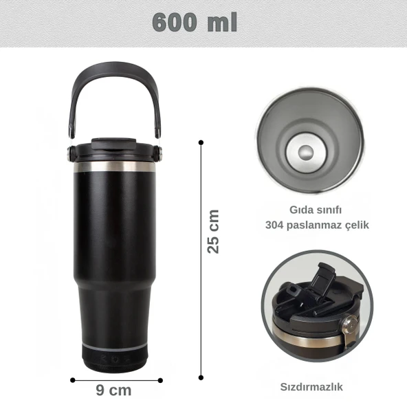 Bluetooth Hoparlörlü Paslanmaz Çelik Termos Bardak 600 ml -Pipetli ,Çift Kullanımlı Kapak - Resim 9