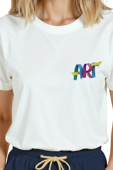 Kadın Beyaz Relaxed Fit %100 Pamuk Tişört – Renkli “ART” Suluboya Baskılı - Resim 8