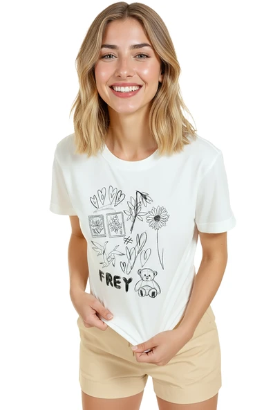 Kadın Beyaz Relaxed Fit %100 Pamuk Tişört – Doodle Kolaj Teddy & Çiçek Baskılı - Resim 3