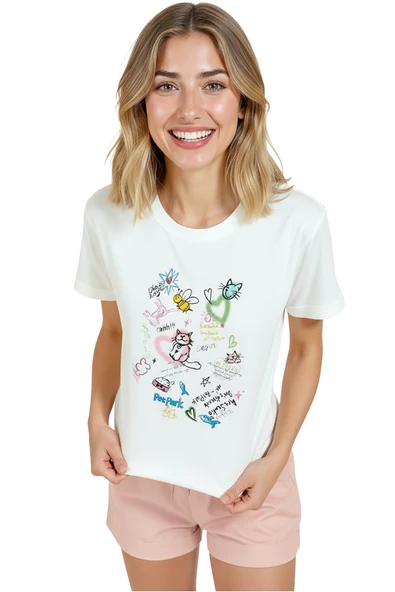 Kadın Beyaz Relaxed Fit %100 Pamuk Tişört – Doodle Pet Park & Kedi Karalama Baskılı - Resim 3