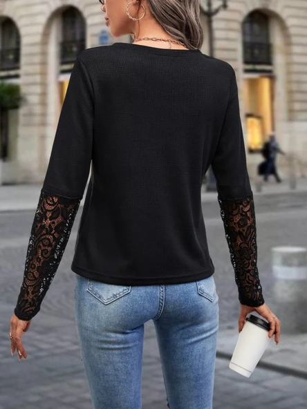 Lucky Life Kadın Uzun Kollu V Yakalı Dantelli Waffle Bluz - Resim 4