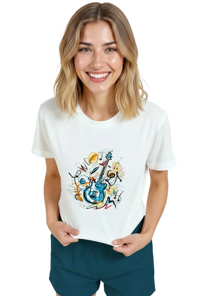 Kadın Beyaz Relaxed Fit %100 Pamuk Tişört – Soyut Gitar & Suluboya Müzik Baskılı - Resim 3