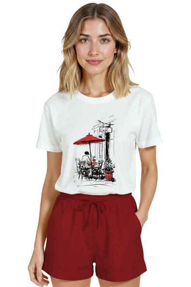 Kadın Beyaz Relaxed Fit %100 Pamuk Tişört – Suluboya Kafe Teras & Kırmızı Şemsiye Baskılı ürün görseli 1