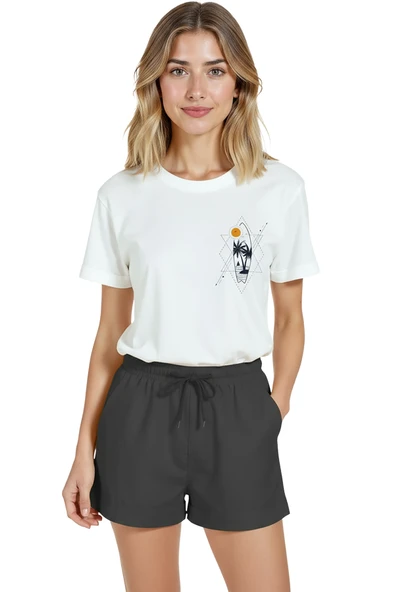 Kadın Beyaz Relaxed Fit %100 Pamuk Tişört – Geometrik Palmiyeler Minyatür Baskılı ürün görseli 1