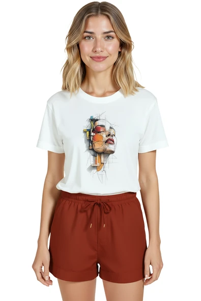 Kadın Beyaz Relaxed Fit %100 Pamuk Tişört – Soyut Çizgisel Portre & Renkli Geometri Baskılı ürün görseli 1