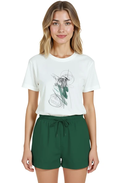 Kadın Beyaz Relaxed Fit %100 Pamuk Tişört – Çizgisel Portre & Yeşil Suluboya Vurgu Baskılı - Resim 5