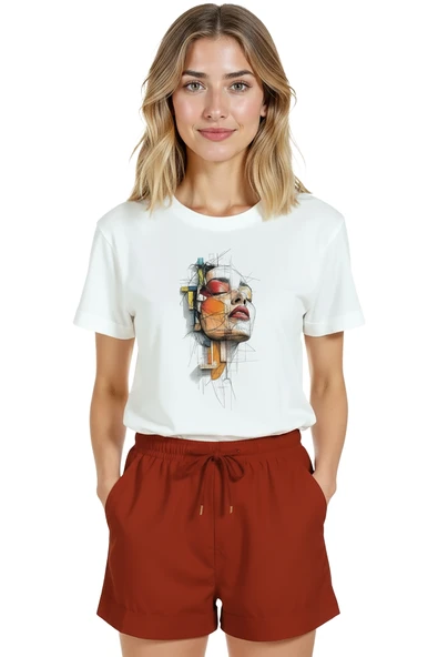 Kadın Beyaz Relaxed Fit %100 Pamuk Tişört – Soyut Çizgisel Portre & Renkli Geometri Baskılı - Resim 7