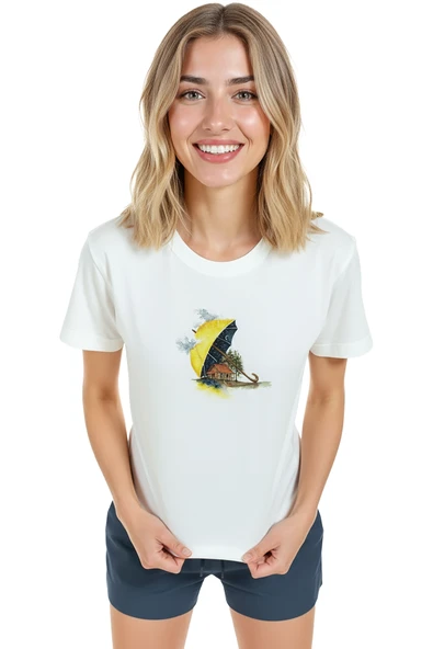 Kadın Beyaz Relaxed Fit %100 Pamuk Tişört – Şemsiye Ev Suluboya Baskılı - Resim 3